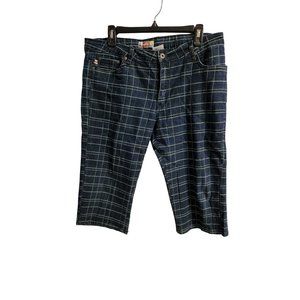 Woman's MOTO BLUES Jean Capris Lime Green Check Sz 16 Stretch 5 Pocket